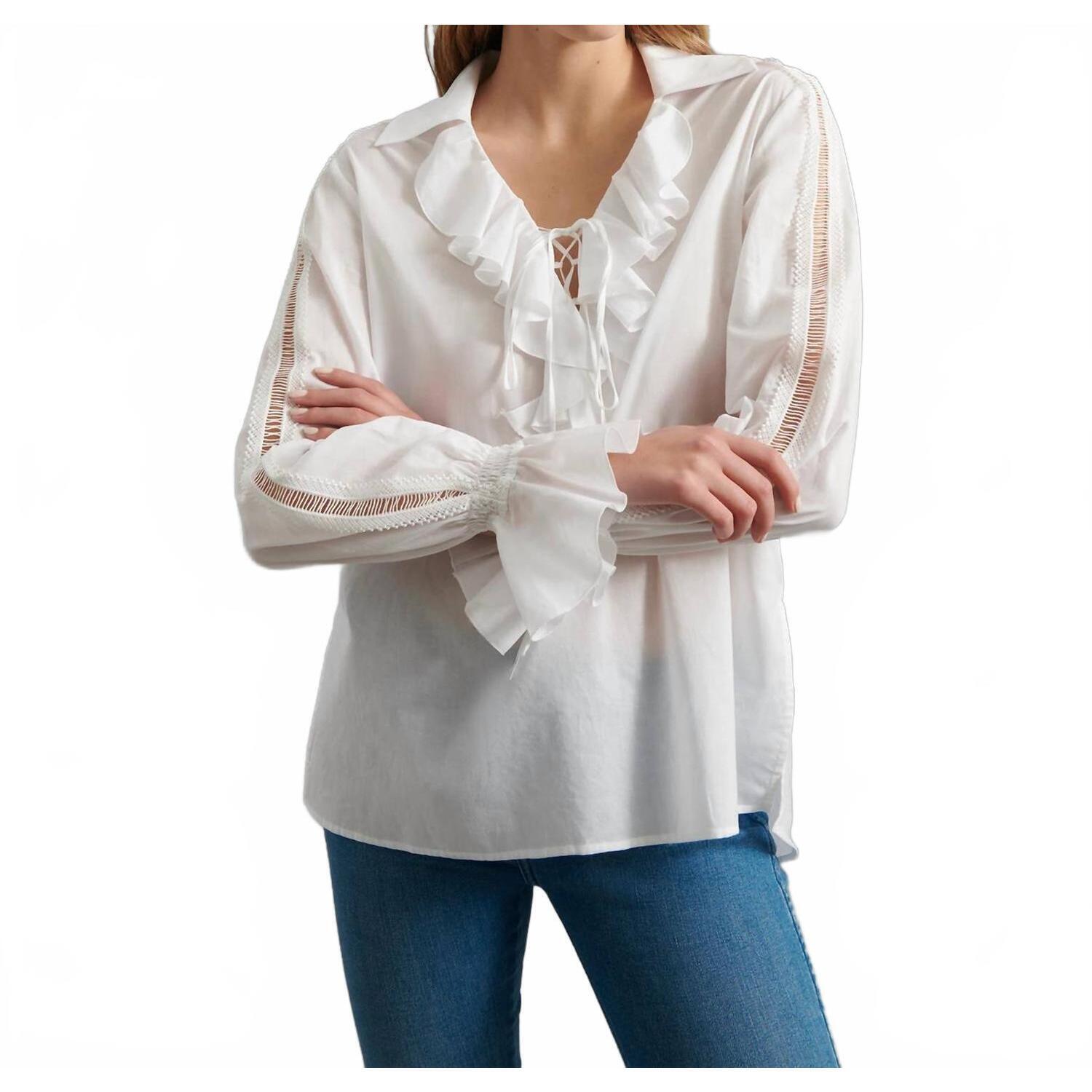 New Anne Fontaine Euskal Long Sleeve Ruffled Neck Tie Blouse In White